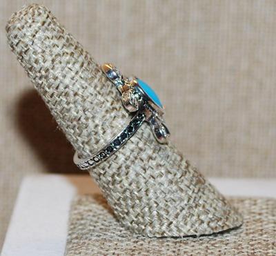 Size 7¼ TURTLE Pear Shaped Turquoise Style Stone Ring with Silver Tone Band (4.5g)