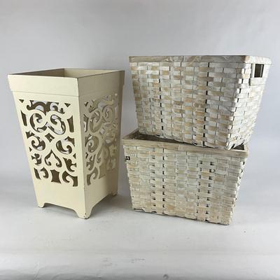 M1005 White Decorative Waste Can with Two White Baskets