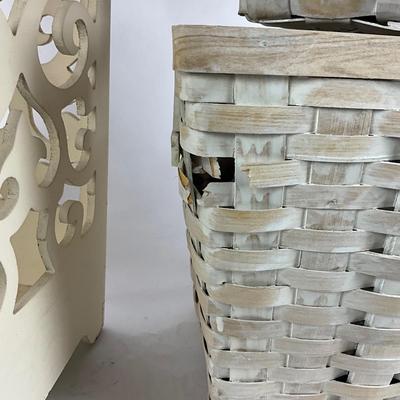 M1005 White Decorative Waste Can with Two White Baskets
