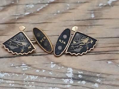 Vintage Signed K24 Japan Damascene Fan Cufflinks - Japanese / Mt Fuji 1940'S Marked Japan K24
