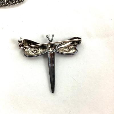 M1059 Large Silver Marcasite Bow and Dragonfly Pin with Stretch Bracelets