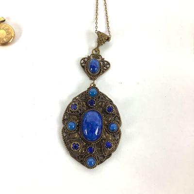 M1064 Vintage Blue Stone Pendant Necklace with Children's Pendant /Bracelet