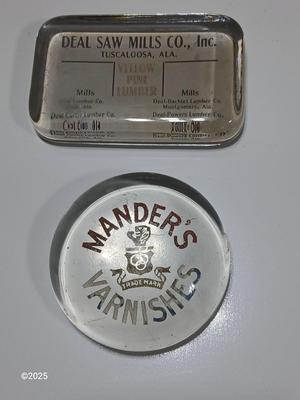 Two antique glass advertising paperweights - Deal Saw Mills Co. Inc. Tuscaloosa Ala. and Mander's Varnishes - glass paperweights