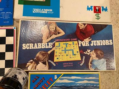 VINTAGE MONOPOLY, ELECTRONIC BLACKJACK, SCRABBLE JUNIOR, ALL ABOUT GREELEY, U.S.A. PUZZLE AND MORE