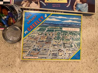 VINTAGE MONOPOLY, ELECTRONIC BLACKJACK, SCRABBLE JUNIOR, ALL ABOUT GREELEY, U.S.A. PUZZLE AND MORE