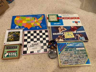 VINTAGE MONOPOLY, ELECTRONIC BLACKJACK, SCRABBLE JUNIOR, ALL ABOUT GREELEY, U.S.A. PUZZLE AND MORE