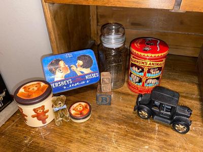 CAST IRON MODEL-T, BARNUM ANIMAL CRACKER & HERSHEY TINS, PLANTERS PEANUT JAR AND MORE!