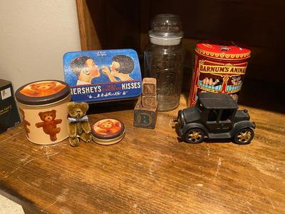 CAST IRON MODEL-T, BARNUM ANIMAL CRACKER & HERSHEY TINS, PLANTERS PEANUT JAR AND MORE!