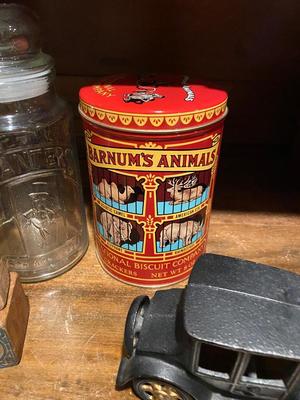 CAST IRON MODEL-T, BARNUM ANIMAL CRACKER & HERSHEY TINS, PLANTERS PEANUT JAR AND MORE!