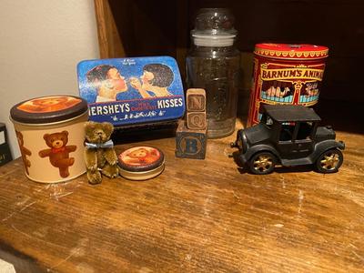 CAST IRON MODEL-T, BARNUM ANIMAL CRACKER & HERSHEY TINS, PLANTERS PEANUT JAR AND MORE!