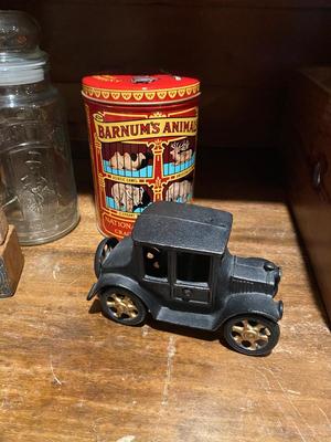 CAST IRON MODEL-T, BARNUM ANIMAL CRACKER & HERSHEY TINS, PLANTERS PEANUT JAR AND MORE!