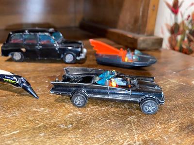 CORGY TOYS-WHIZWHEELS BATMOBILE, BAT BOAT, LONDON TAXI CAB, AND A LINTOY SUPER SONIC JET