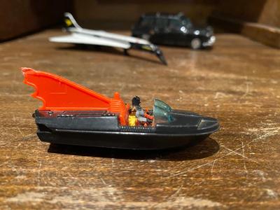 CORGY TOYS-WHIZWHEELS BATMOBILE, BAT BOAT, LONDON TAXI CAB, AND A LINTOY SUPER SONIC JET