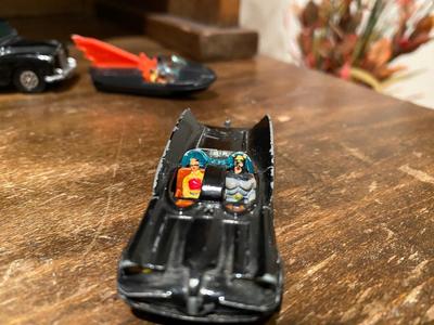 CORGY TOYS-WHIZWHEELS BATMOBILE, BAT BOAT, LONDON TAXI CAB, AND A LINTOY SUPER SONIC JET