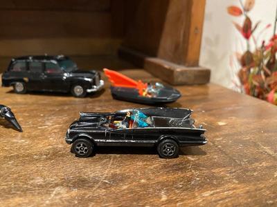 CORGY TOYS-WHIZWHEELS BATMOBILE, BAT BOAT, LONDON TAXI CAB, AND A LINTOY SUPER SONIC JET