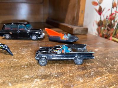 CORGY TOYS-WHIZWHEELS BATMOBILE, BAT BOAT, LONDON TAXI CAB, AND A LINTOY SUPER SONIC JET