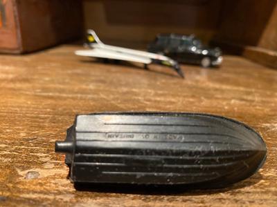 CORGY TOYS-WHIZWHEELS BATMOBILE, BAT BOAT, LONDON TAXI CAB, AND A LINTOY SUPER SONIC JET