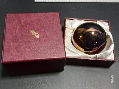 Vintage carnival glass like paperweight with box - signed bottom