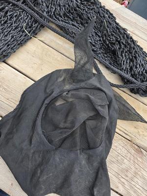 Equestrian Tack - Nylon Hay bale slow feed bag and a full-face bug shield mask / bonnet net