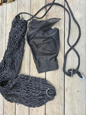 Equestrian Tack - Nylon Hay bale slow feed bag and a full-face bug shield mask / bonnet net