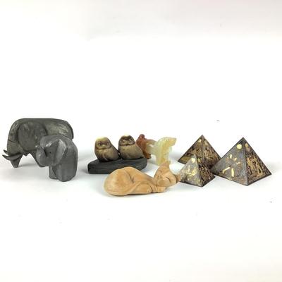 L1073 Lot of Sculptures , Steiff Pewter Elephants, Carved Cat and Dog