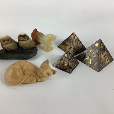 L1073 Lot of Sculptures , Steiff Pewter Elephants, Carved Cat and Dog