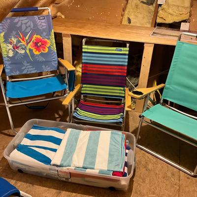 A692 Lot of Three Aluminum Reclining Beach Chairs with Towels