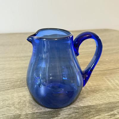 LOT 141K: Cobalt Blue Glass Collection: Large & Small Pitchers, Crackle Glass Cups & More