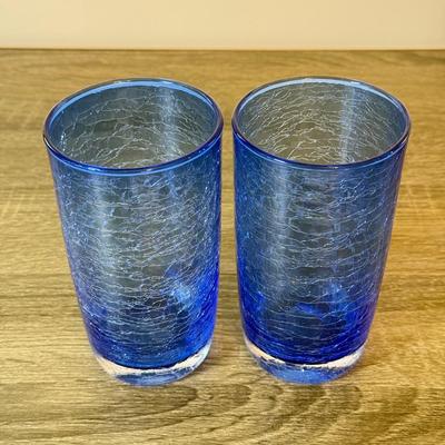 LOT 141K: Cobalt Blue Glass Collection: Large & Small Pitchers, Crackle Glass Cups & More