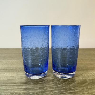 LOT 141K: Cobalt Blue Glass Collection: Large & Small Pitchers, Crackle Glass Cups & More