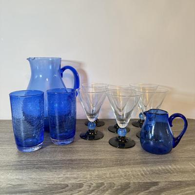 LOT 141K: Cobalt Blue Glass Collection: Large & Small Pitchers, Crackle Glass Cups & More