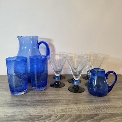 LOT 141K: Cobalt Blue Glass Collection: Large & Small Pitchers, Crackle Glass Cups & More