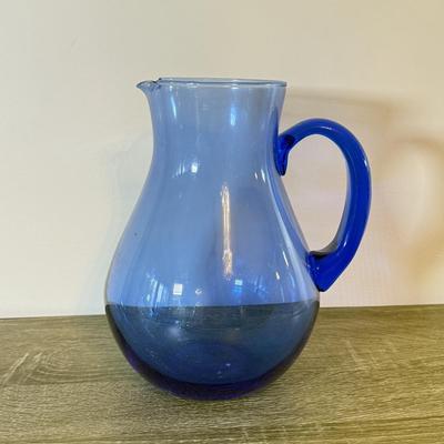 LOT 141K: Cobalt Blue Glass Collection: Large & Small Pitchers, Crackle Glass Cups & More