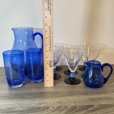 LOT 141K: Cobalt Blue Glass Collection: Large & Small Pitchers, Crackle Glass Cups & More