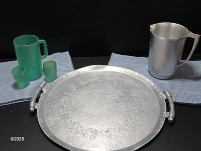 Vintage Hand Forged Hammered Aluminum Handled Fruit Design Serving Plate Tray Aluminum pitcher and vintage plastic pitcher with two small...