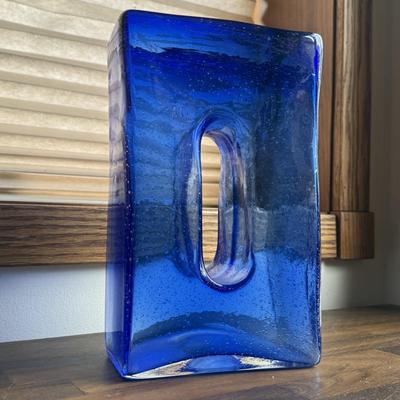 LOT 251X: Cobalt Blue Glass Vases w/ Unique “0” Art Glass Piece