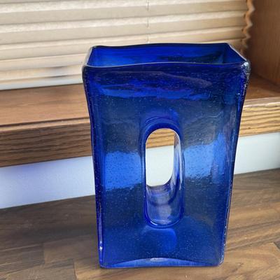LOT 251X: Cobalt Blue Glass Vases w/ Unique “0” Art Glass Piece