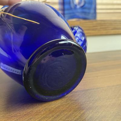 LOT 251X: Cobalt Blue Glass Vases w/ Unique “0” Art Glass Piece
