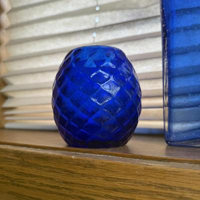 LOT 251X: Cobalt Blue Glass Vases w/ Unique “0” Art Glass Piece