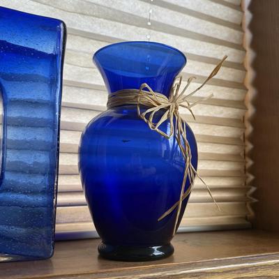 LOT 251X: Cobalt Blue Glass Vases w/ Unique “0” Art Glass Piece