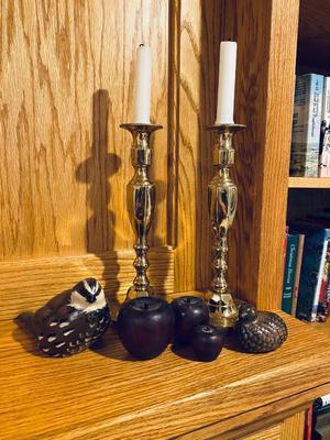 BRASS CANDLESTICK HOLDERS, WOODEN APPLES AND 2 QUAILS