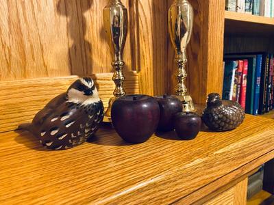 BRASS CANDLESTICK HOLDERS, WOODEN APPLES AND 2 QUAILS