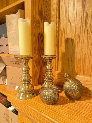 BRASS CANDLESTICK HOLDERS AND BRASS QUAILS