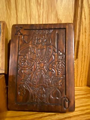 ANTIQUE CHESS PIECES WITH A GOOD BACK STORY AND VINTAGE WOODEN BOXES OF PLAYING CARDS