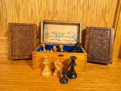 ANTIQUE CHESS PIECES WITH A GOOD BACK STORY AND VINTAGE WOODEN BOXES OF PLAYING CARDS