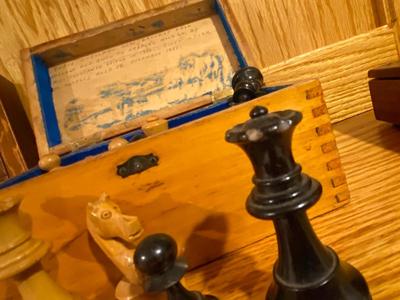 ANTIQUE CHESS PIECES WITH A GOOD BACK STORY AND VINTAGE WOODEN BOXES OF PLAYING CARDS