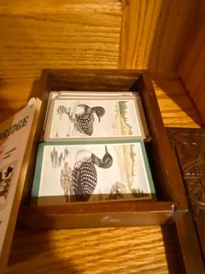 ANTIQUE CHESS PIECES WITH A GOOD BACK STORY AND VINTAGE WOODEN BOXES OF PLAYING CARDS