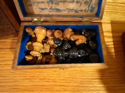 ANTIQUE CHESS PIECES WITH A GOOD BACK STORY AND VINTAGE WOODEN BOXES OF PLAYING CARDS