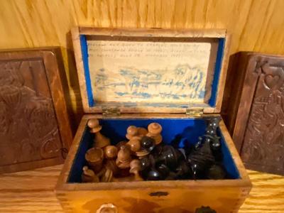 ANTIQUE CHESS PIECES WITH A GOOD BACK STORY AND VINTAGE WOODEN BOXES OF PLAYING CARDS
