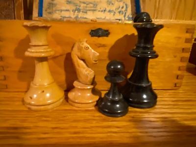 ANTIQUE CHESS PIECES WITH A GOOD BACK STORY AND VINTAGE WOODEN BOXES OF PLAYING CARDS